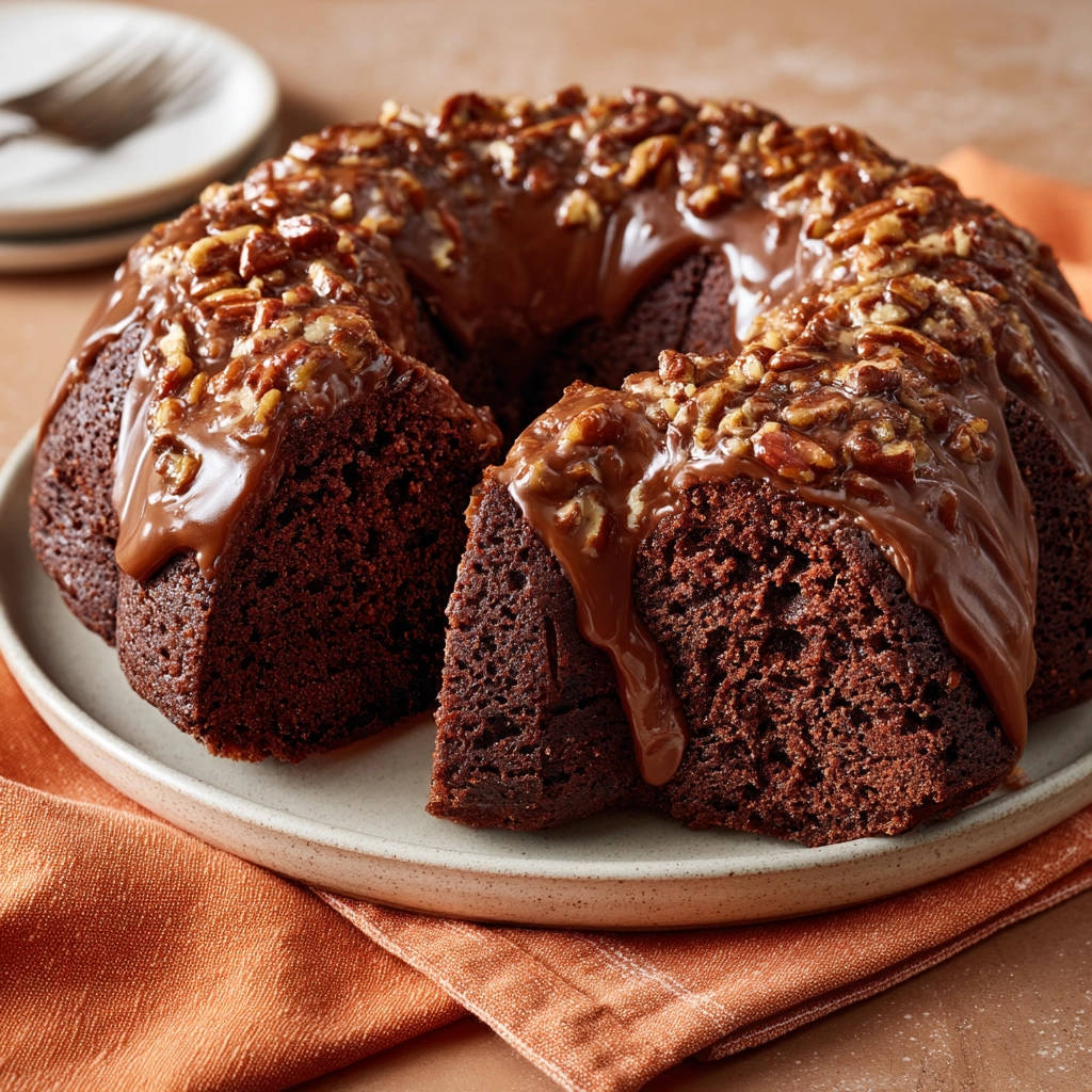 Amazing chocolate pecan bundt cake sliced and drizzled with rich chocolate glaze and topped with chopped pecans.
