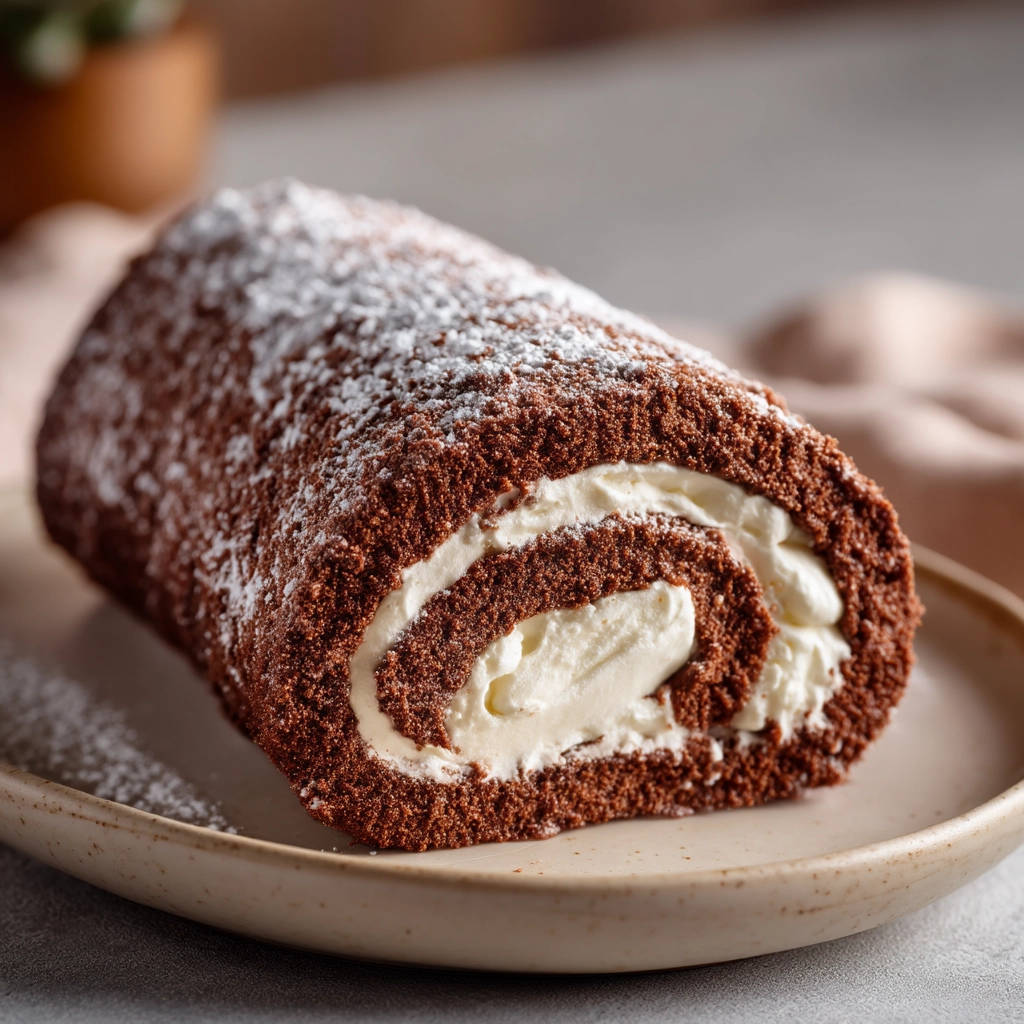 Chocolate roll cake won't crack dusted with powdered sugar, showing its creamy filling and rich chocolate sponge.