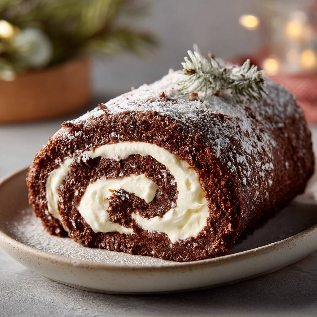 Chocolate roll cake that won’t crack, shown in a close-up cross-section revealing its creamy swirl filling and moist chocolate cake.