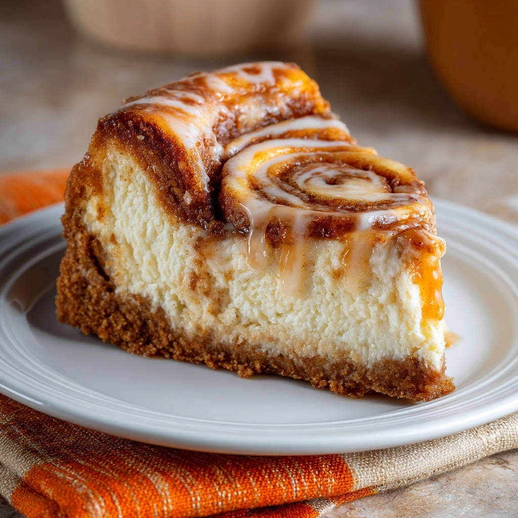 Cinnamon roll cheesecake cross-section with a swirl of cinnamon and drizzled with icing on a white plate.