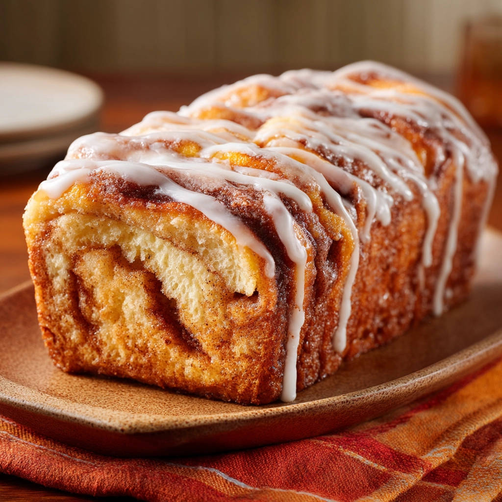 Cinnamon swirl pull-apart loaf shown in a close-up view with drippy white icing on top.