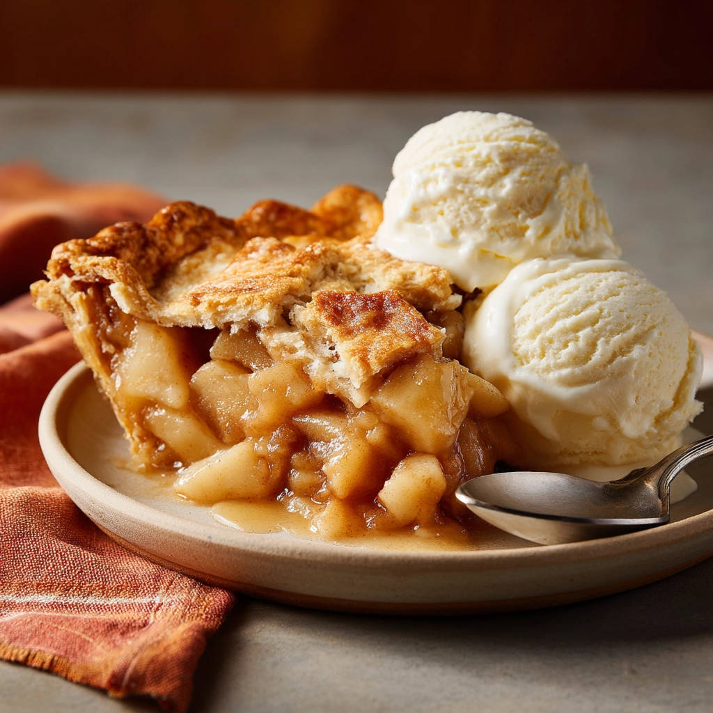 Classic apple pie, a generous slice served with two scoops of vanilla ice cream on a plate.