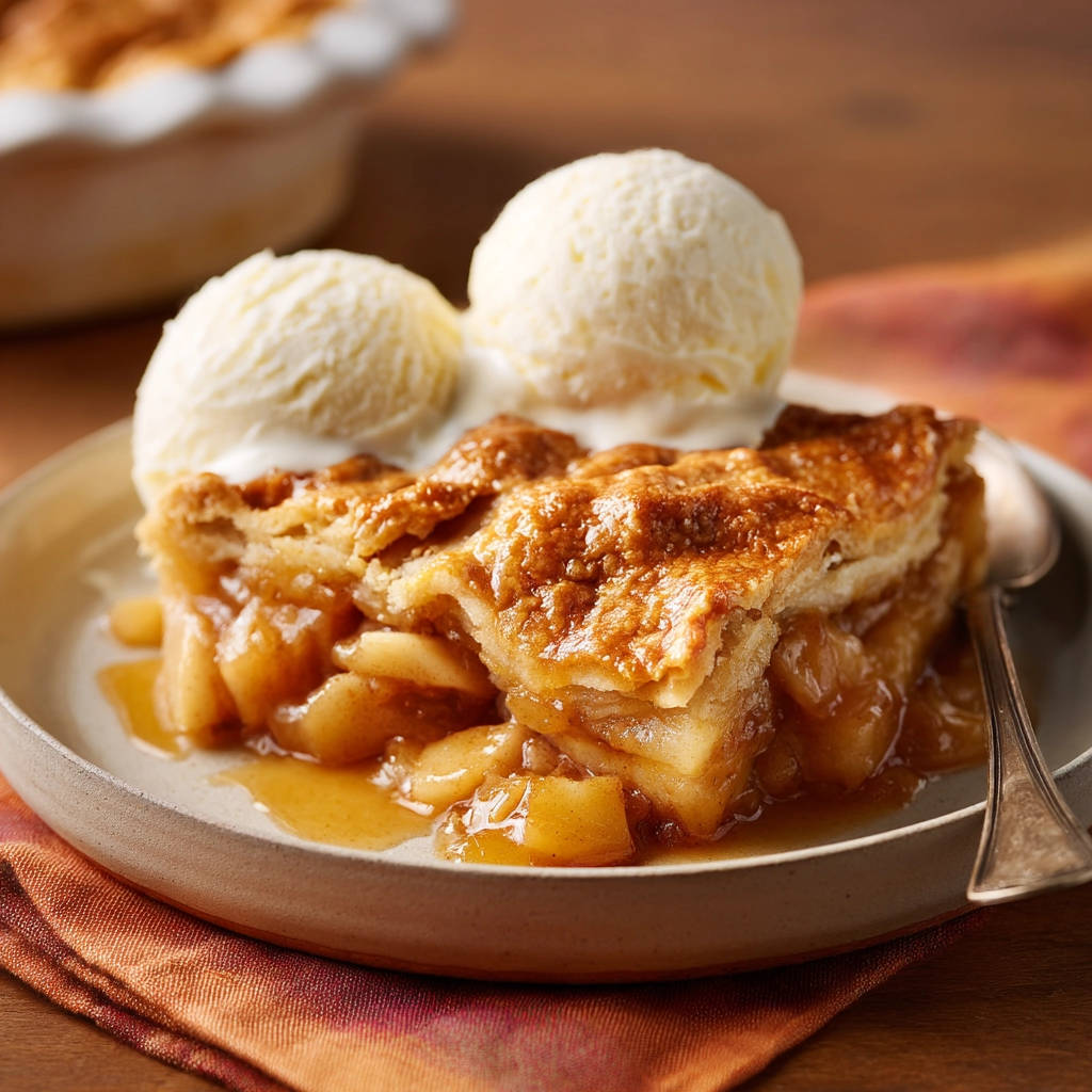 Classic apple pie slice with two scoops of vanilla ice cream on a plate, showing the flaky crust and apple filling.