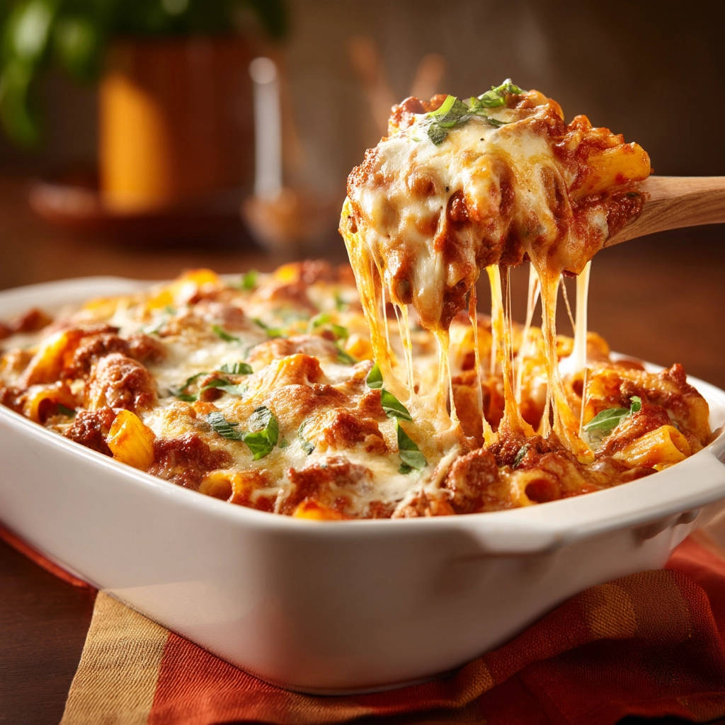 Classic baked pasta being lifted from a dish, showcasing gooey melted cheese and a rich tomato sauce.