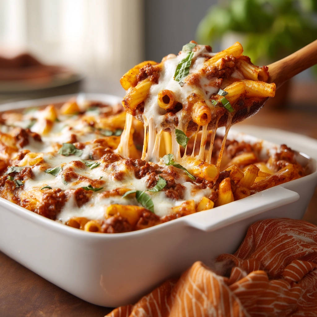Classic baked pasta with gooey cheese pull being lifted by a wooden spoon, showing melted mozzarella and marinara sauce.