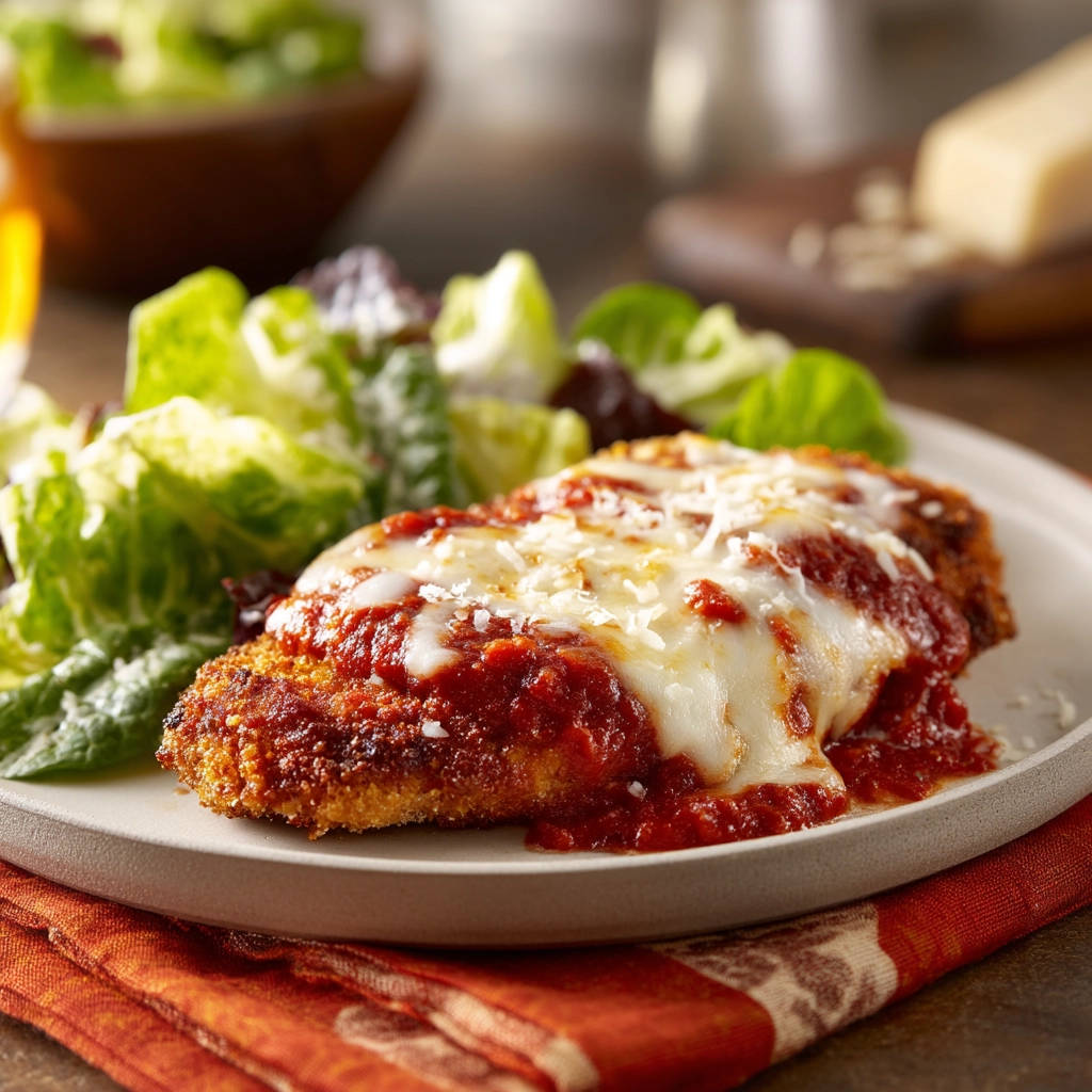 Classic chicken parm plated with melted mozzarella cheese and a side salad.