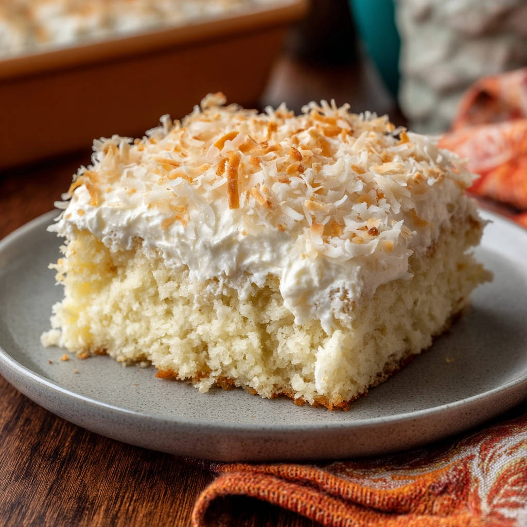 Classic coconut cake slice topped with fluffy whipped cream and toasted shredded coconut on a grey plate.
