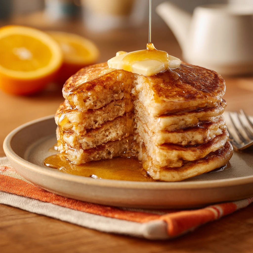 Classic diner pancakes in a cross-section view with butter and syrup being poured on top.