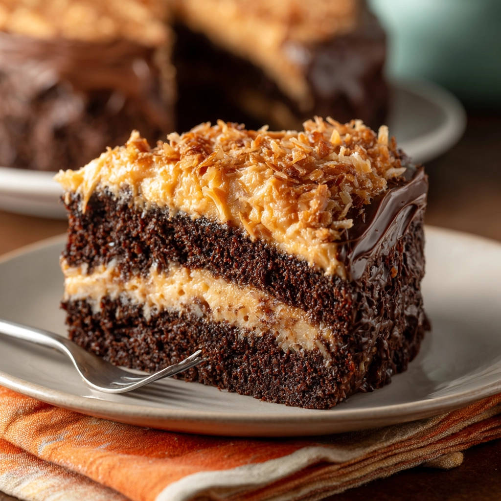 Classic German Chocolate Cake slice showing rich chocolate layers and caramel-pecan filling, topped with toasted coconut.