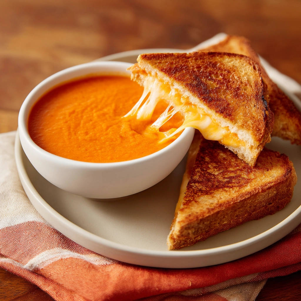 Classic grilled cheese with a gooey cheese pull dipping into creamy tomato soup.