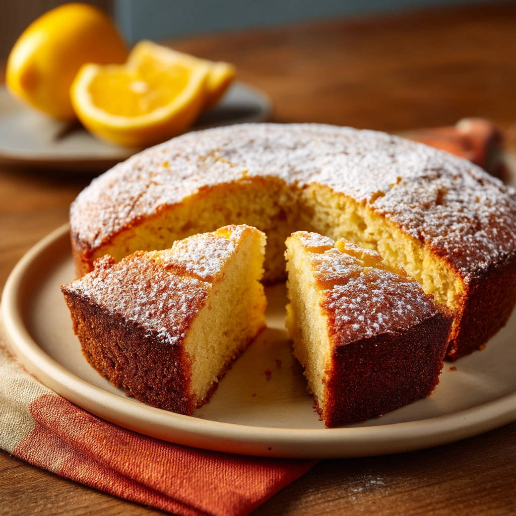 Classic lemon cake dusted with powdered sugar, with two slices cut and laid out on a plate.