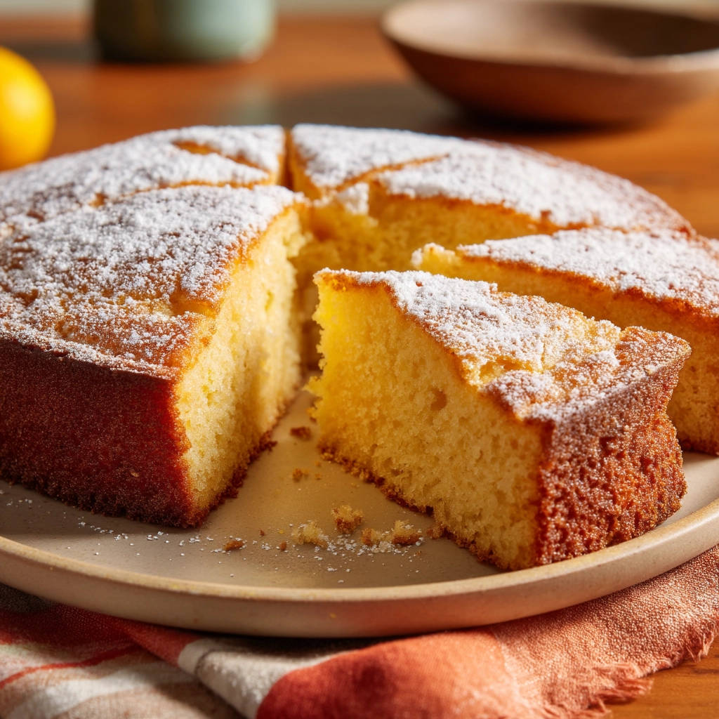 Classic lemon cake sliced and dusted with powdered sugar, showing a fluffy interior texture.
