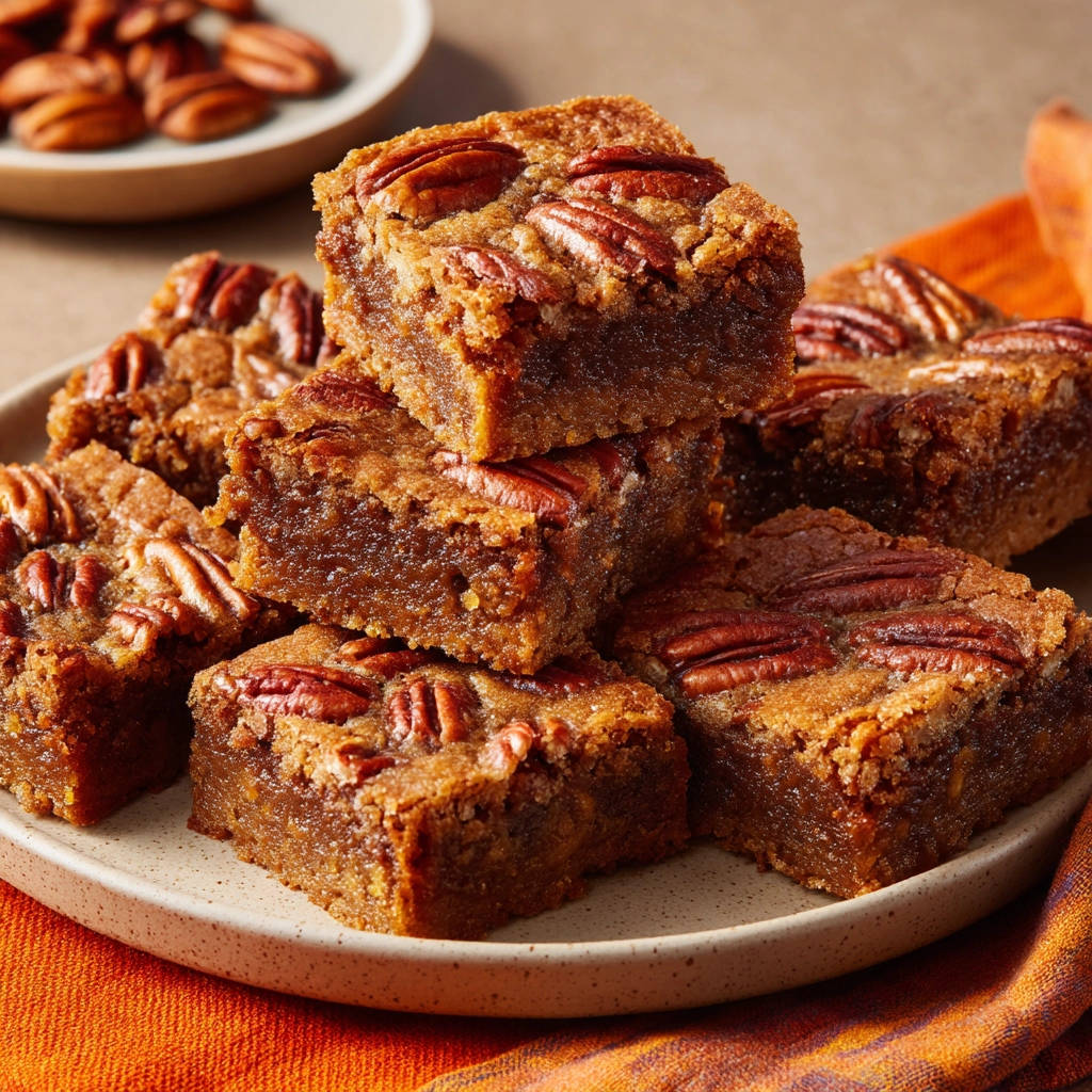 Classic Pecan Chewy Bars stacked close-up on a plate, showcasing their gooey texture and pecan topping.