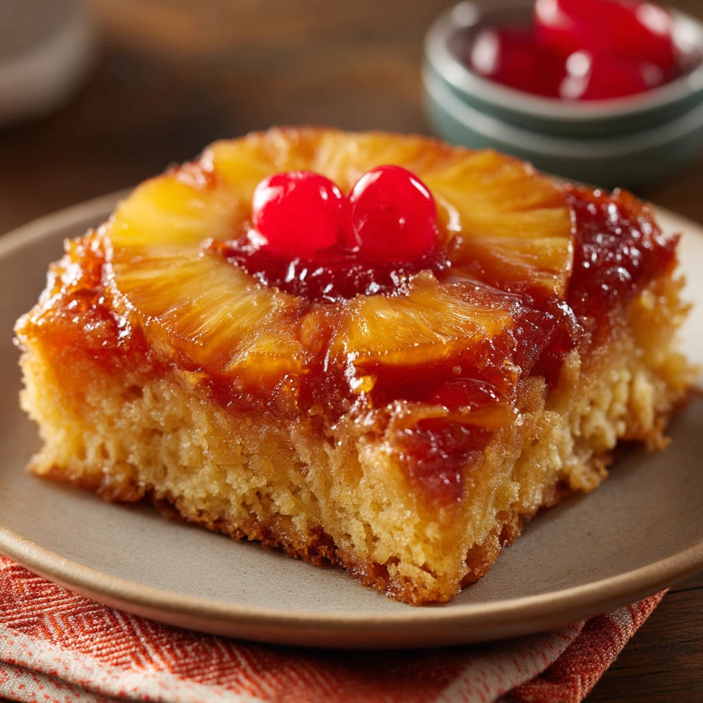 Easy Classic Pineapple Upside Down Cake slice with caramelized topping and maraschino cherries.