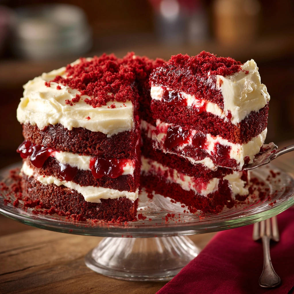 Classic Red Velvet Cake shown as a cross-section slice being served from the cake.