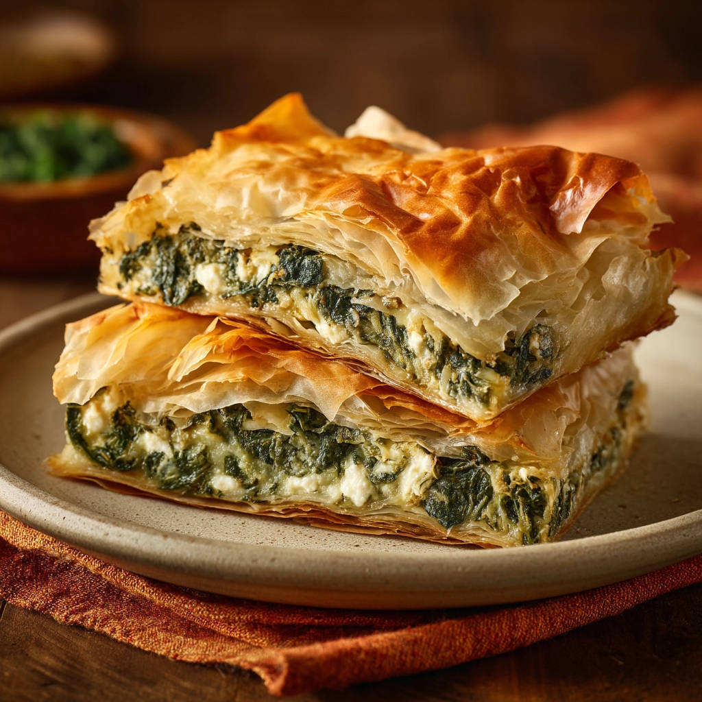 Wonderful classic spinach & feta pie shown as stacked slices revealing a detailed cross-section of the flaky pastry and filling.