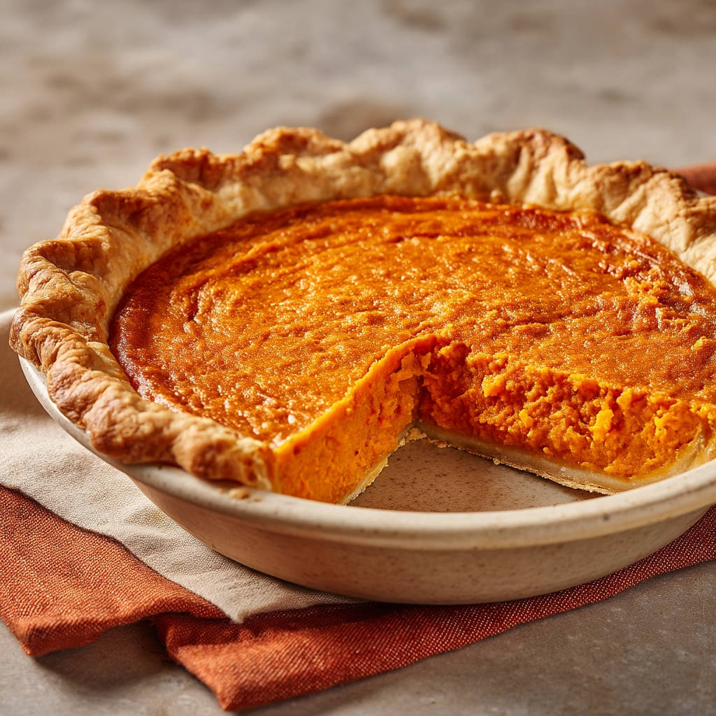 Classic sweet potato pie with a slice removed, showing its smooth, vibrant orange interior and flaky crust.