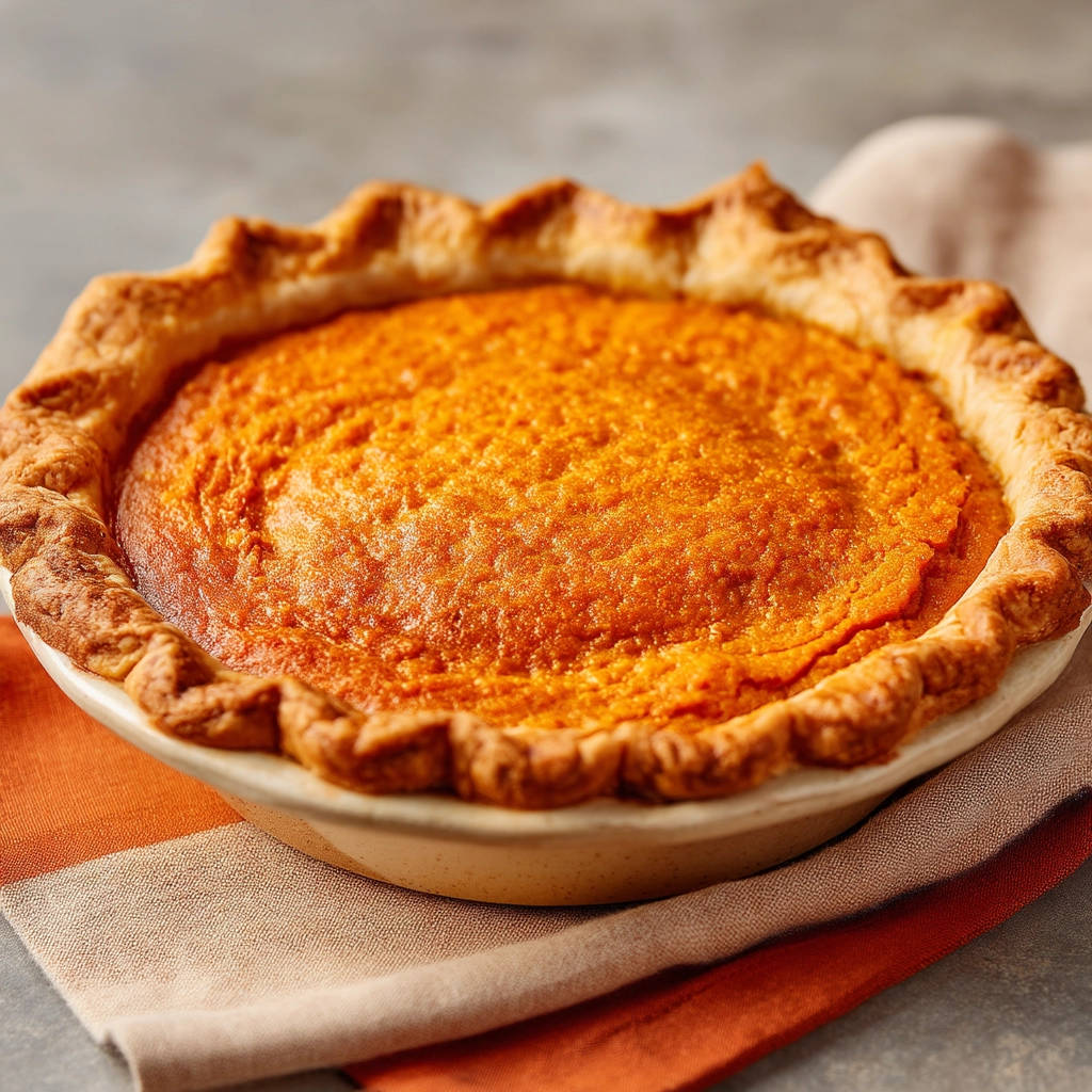 Classic sweet potato pie with a golden-brown, crimped crust, presented in a pie dish.