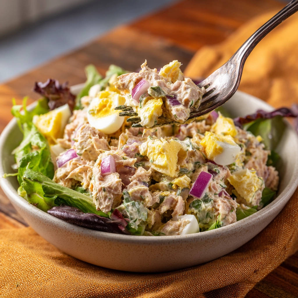 Classic tuna salad with hard-boiled egg and red onion, shown with a forkful being lifted from a bowl.