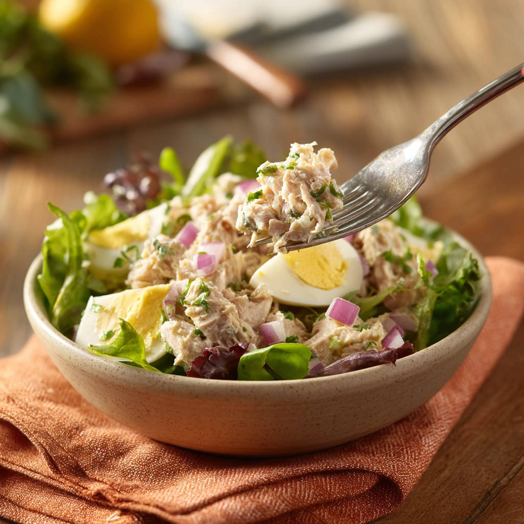 Classic tuna salad with a forkful being lifted, showing chopped eggs and red onion in a bowl.