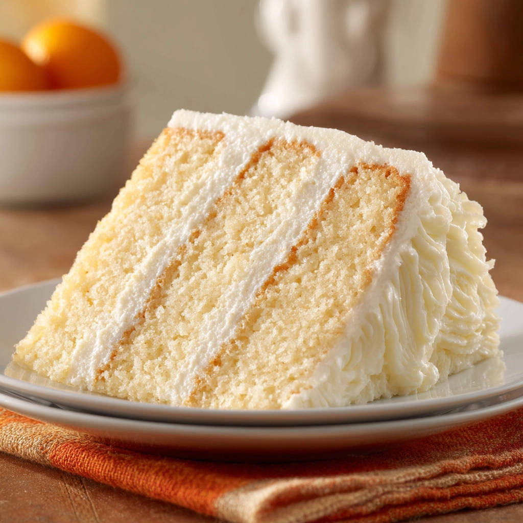 Classic white cake showing a fluffy slice with a detailed cross-section of layers and frosting.