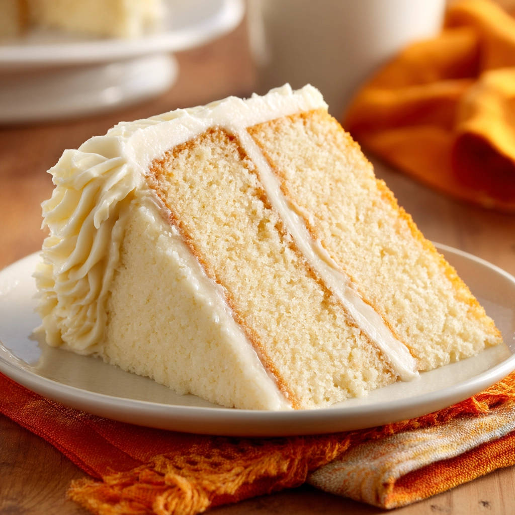 Classic white cake slice showing fluffy layers and creamy frosting in a close-up cross-section view.
