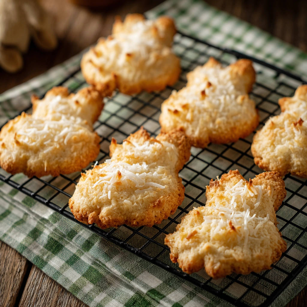 Adorable coconut bunny cookies with shredded coconut topping, cooling on a black wire rack on a checkered cloth.