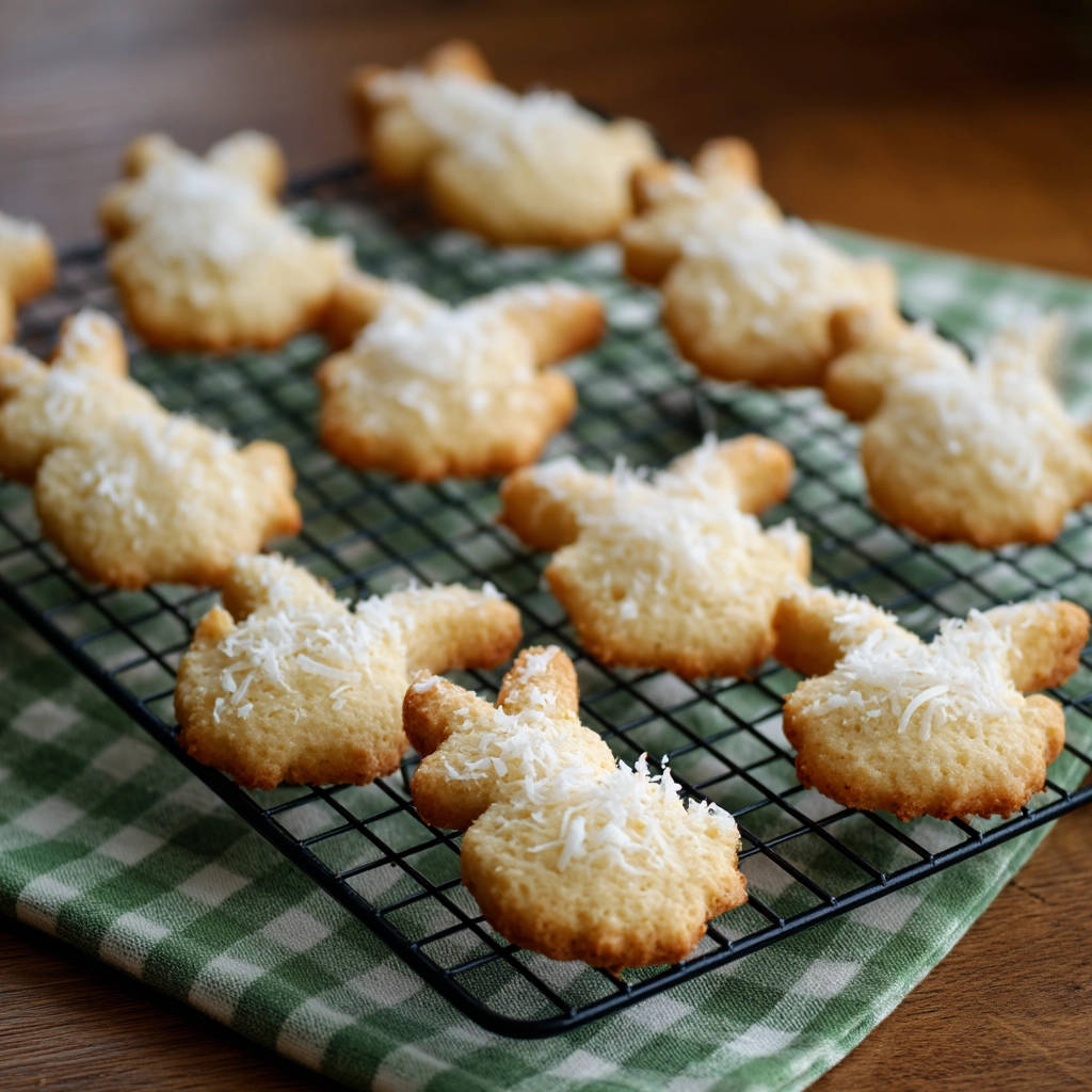 Adorable coconut bunny cookies cooling on a black wire rack, lightly dusted with shredded coconut.