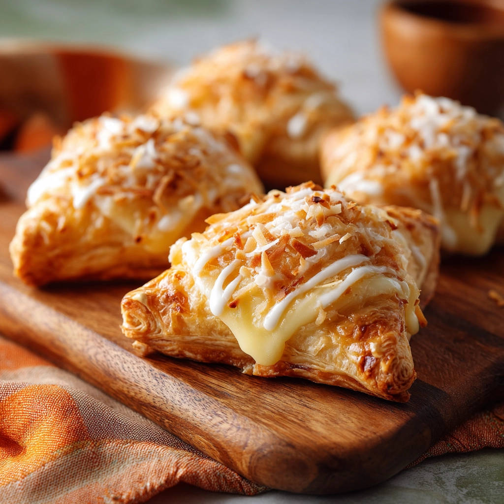 Coconut cream cheese pastries with a close-up view of the drizzled glaze and toasted coconut topping.