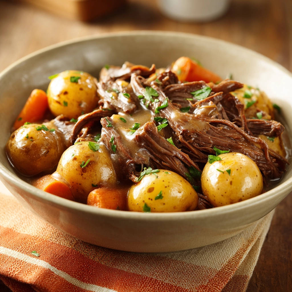 Comfort pot roast guaranteed fall-apart tender, served in a bowl with potatoes and carrots, garnished with parsley.