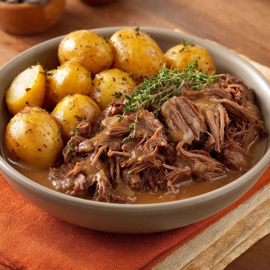 Comfort pot roast guaranteed fall-apart tender served with small golden potatoes and fresh thyme garnish.
