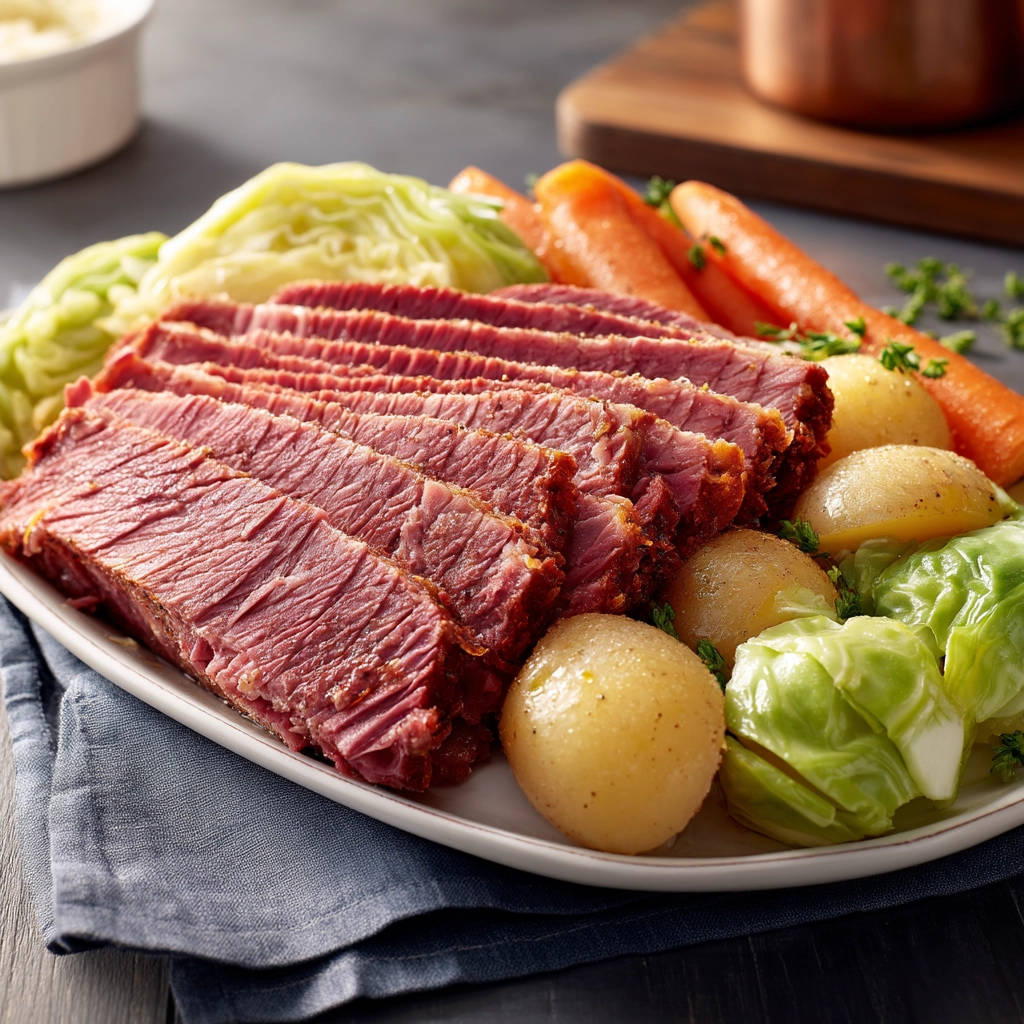 Classic corned beef and cabbage sliced on a white platter with boiled potatoes and carrots.