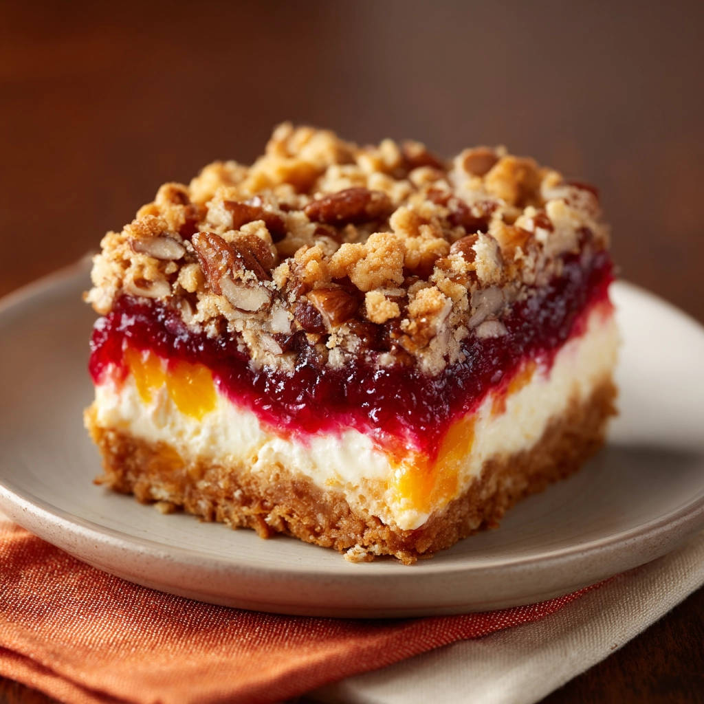 Cranberry orange streusel bars, a plated slice showing layers of crust, cream cheese, fruit, and streusel topping.