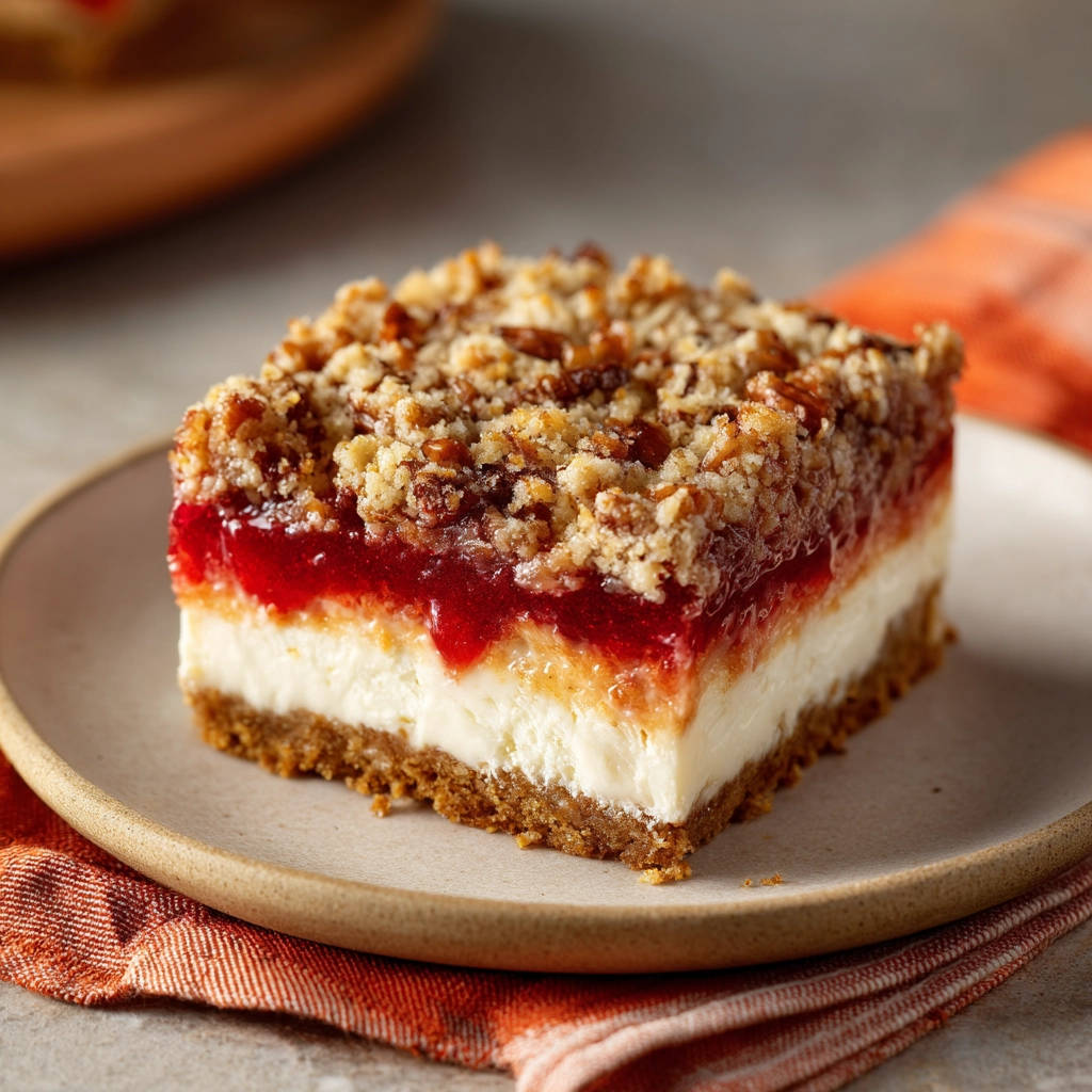 Cranberry orange streusel bars shown as a single serving slice with a close-up view of its layered texture.