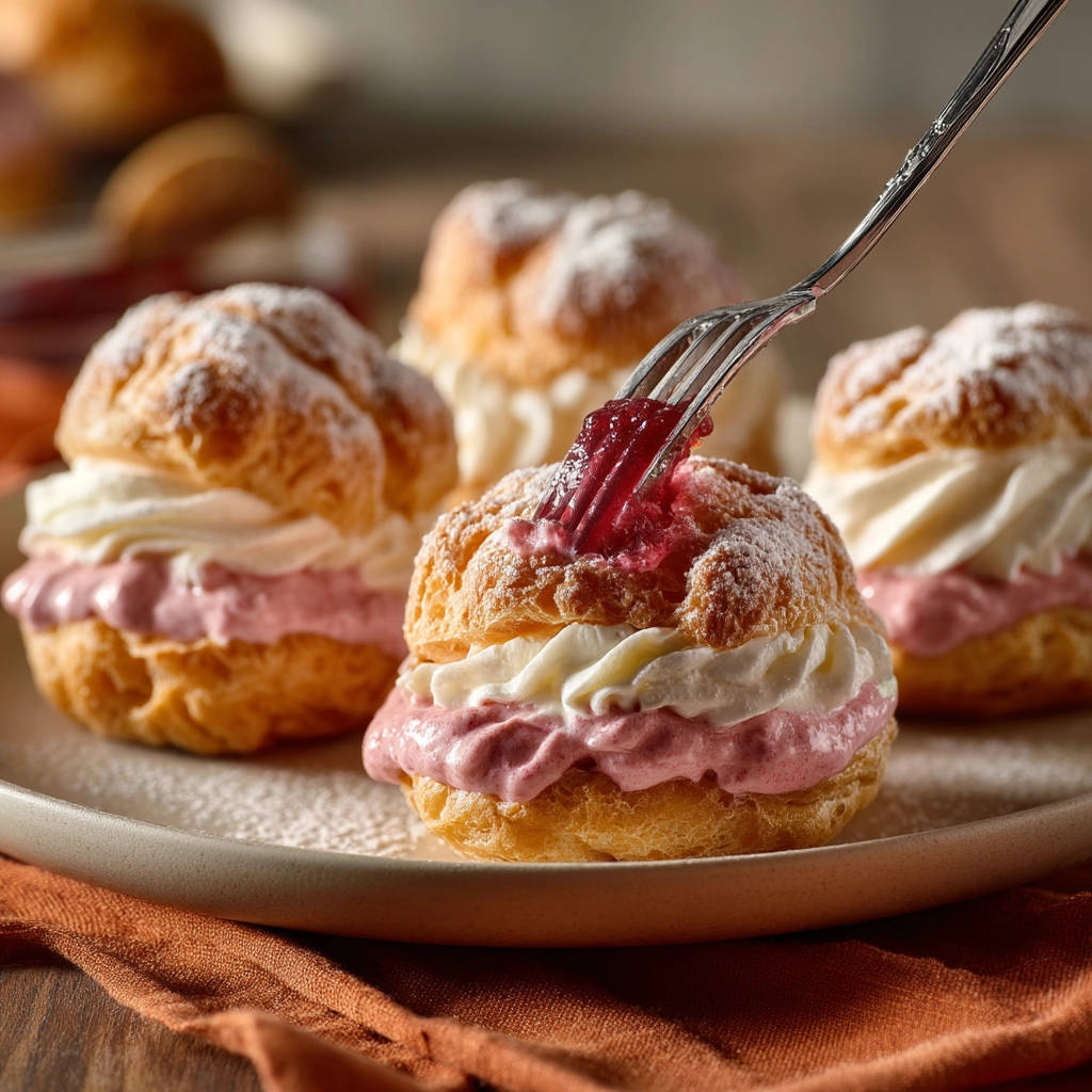 Easy cream puffs being topped with a forkful of bright red jam, showcasing their fluffy filling.