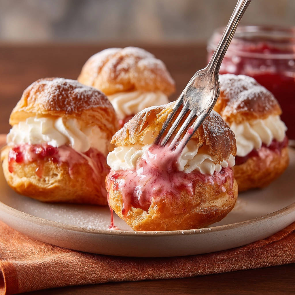 Easy cream puffs being pierced with a fork, revealing a strawberry filling and whipped cream interior.