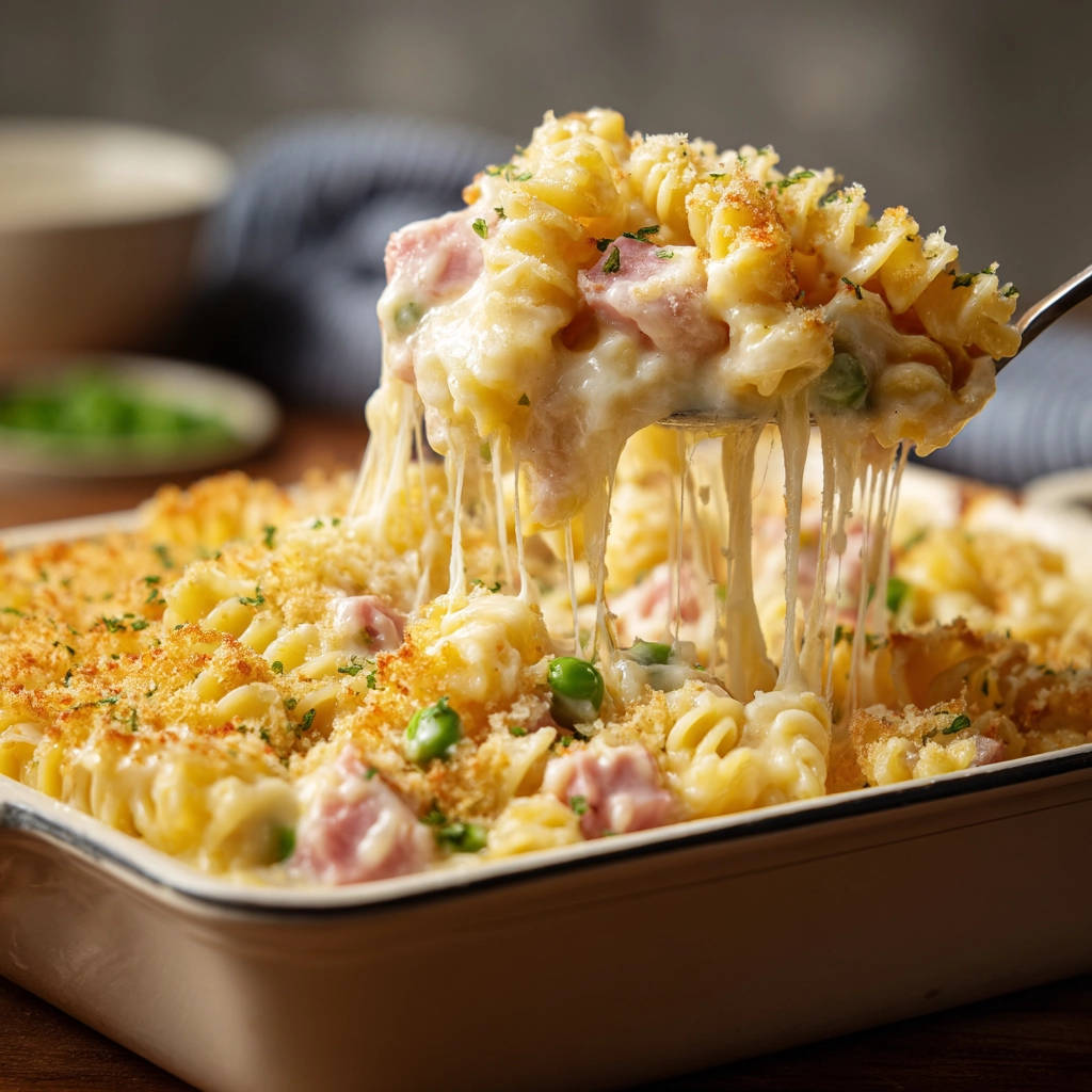 Creamy baked mac and cheese with ham and peas, with a generous cheesy pull from a serving spoon.