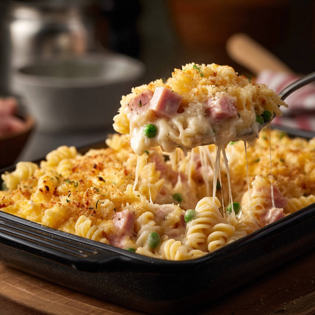 Creamy baked mac and cheese with ham and peas being served, showing gooey cheese pull and toasted breadcrumb topping.