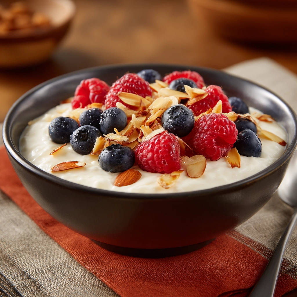 Creamy baked rice pudding topped with fresh raspberries, blueberries, and sliced almonds.