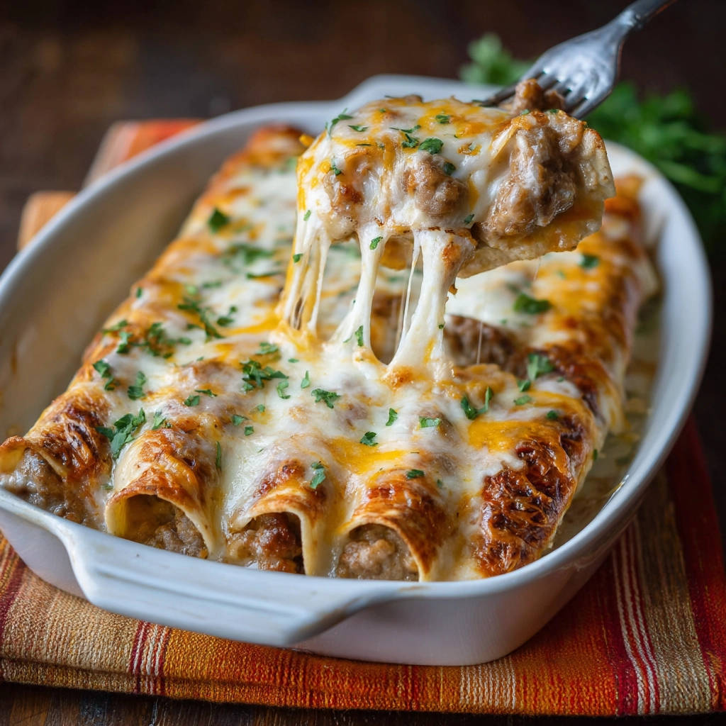 Creamy beef enchiladas with a fork lifting one, showing a generous cheese pull and fresh parsley garnish.
