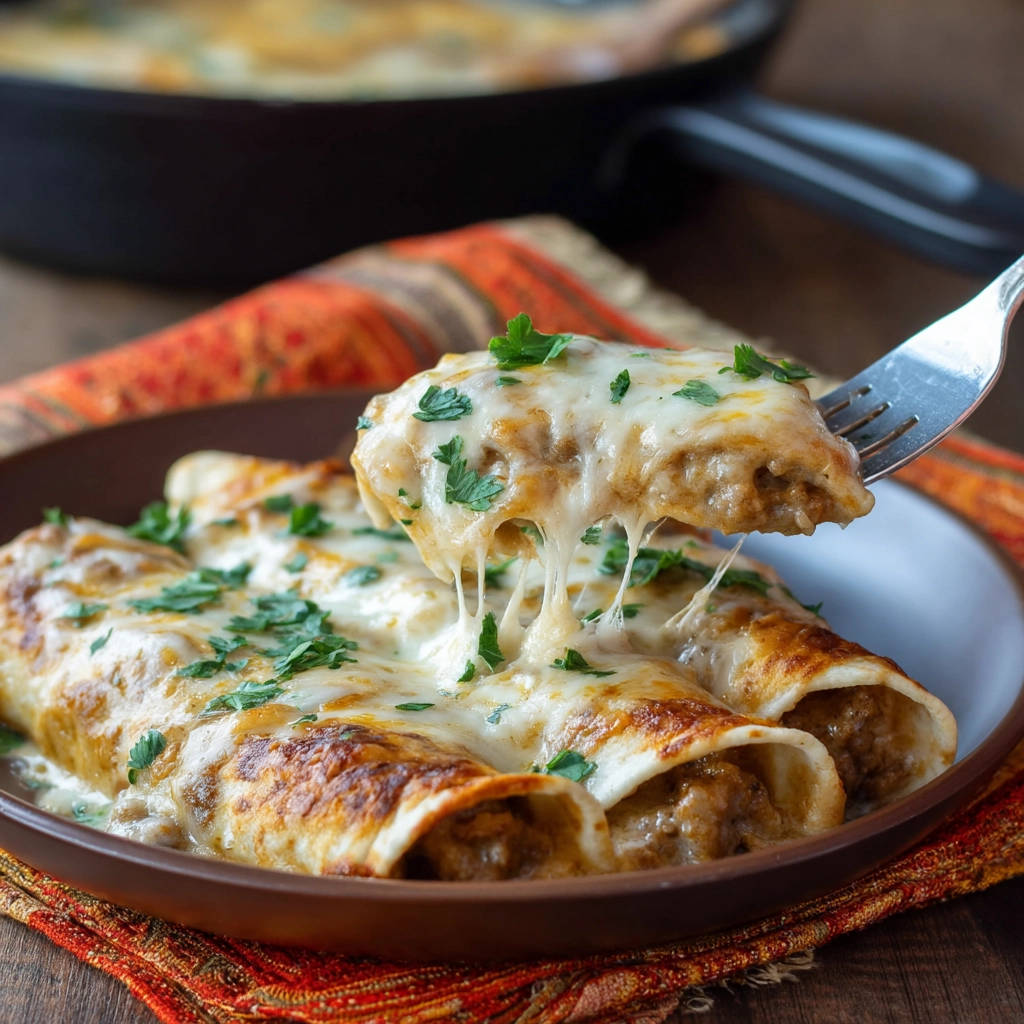 Creamy beef enchiladas with a fork lifting a cheesy, gooey bite, garnished with parsley.