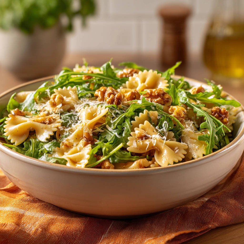 Delicious creamy bow-tie pasta generously topped with fresh arugula and crunchy walnuts in a serving bowl.