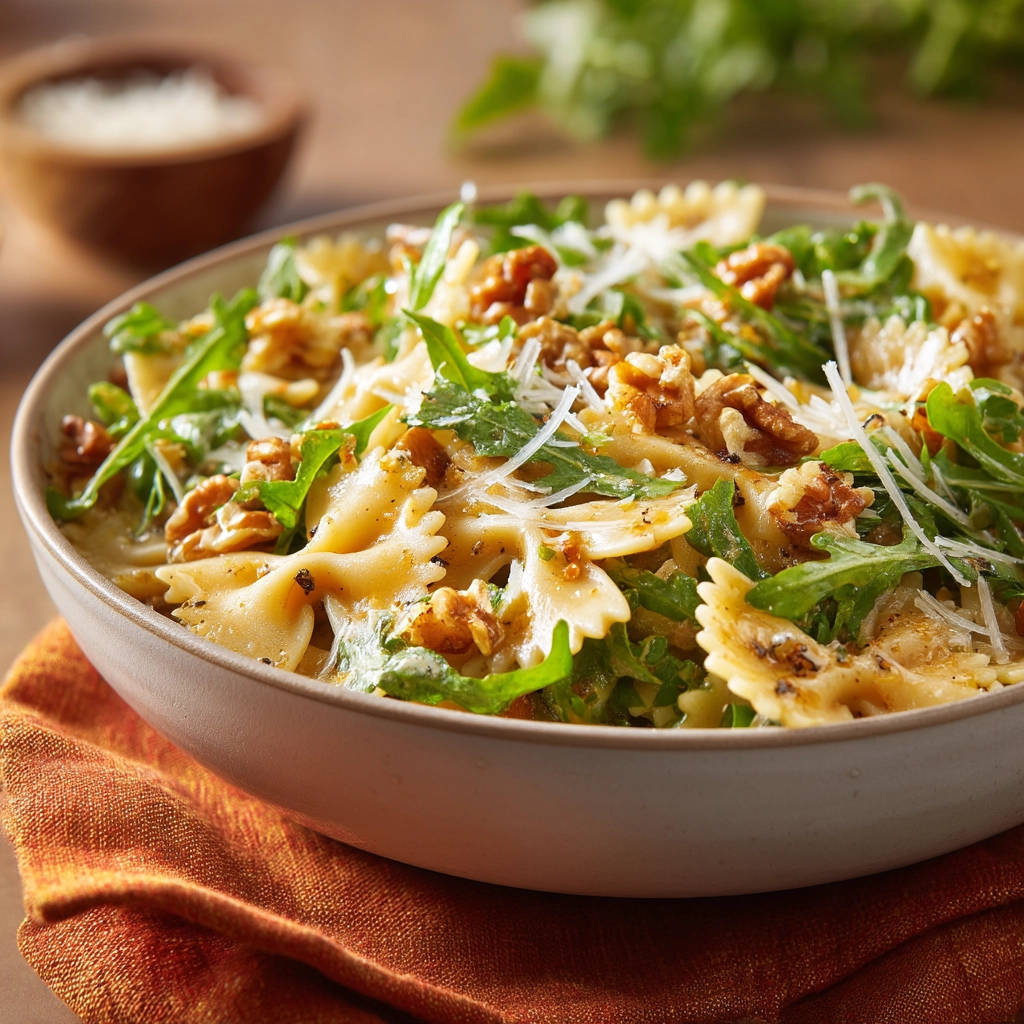 Delicious creamy bow-tie pasta topped with walnuts, fresh arugula, and shredded Parmesan cheese in a bowl.