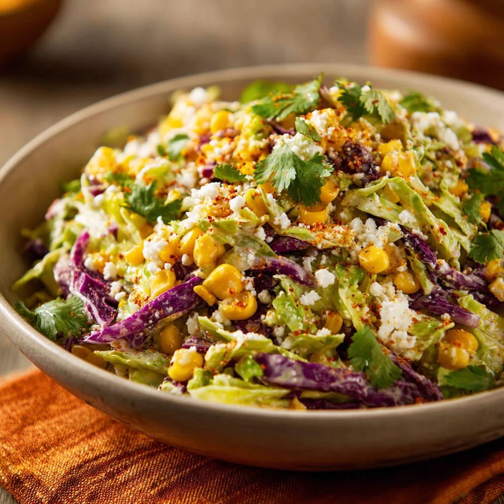 Creamy cabbage and corn slaw, a vibrant mix of shredded cabbage, corn, and cheese, served in a rustic bowl.