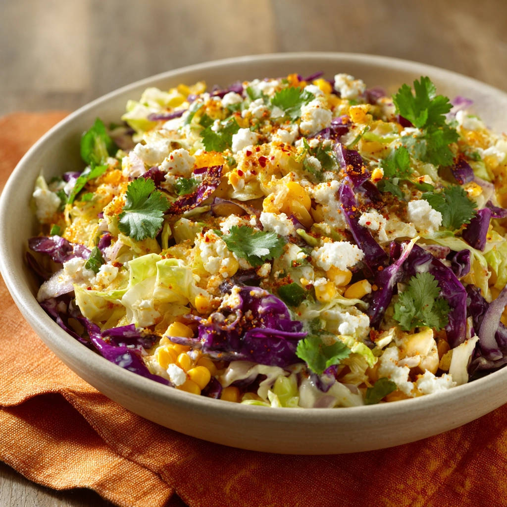 Creamy cabbage and corn slaw with a textured topping of crumbled cheese, corn, and cilantro.