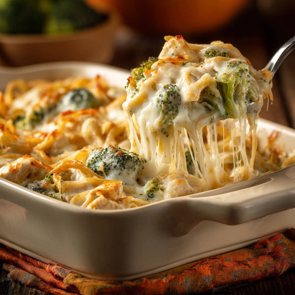 Creamy chicken broccoli bake served on a spoon, showing a delicious cheesy pull from the baked pasta dish.