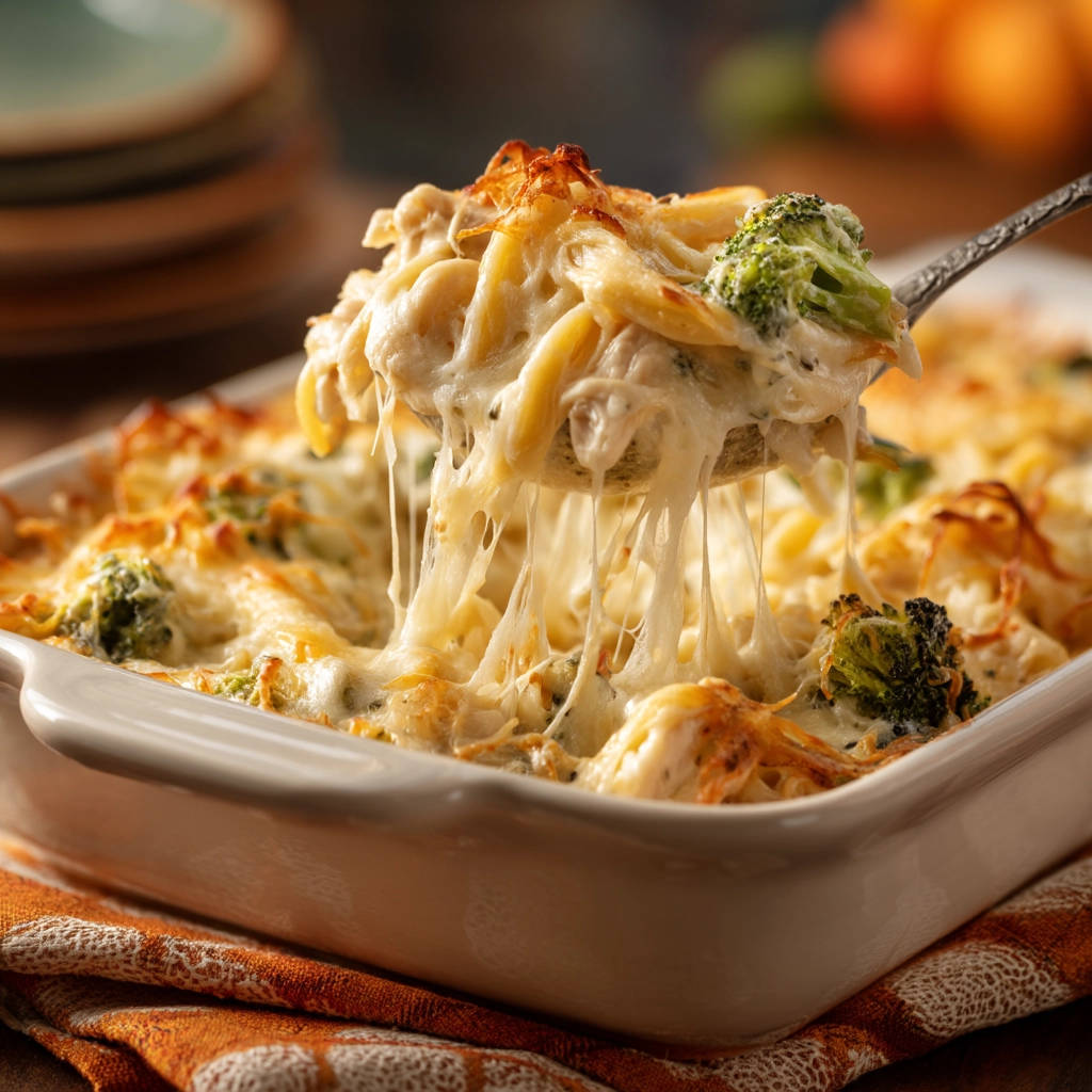 Creamy chicken broccoli bake being served with long strands of melted cheese stretching from the spoon.