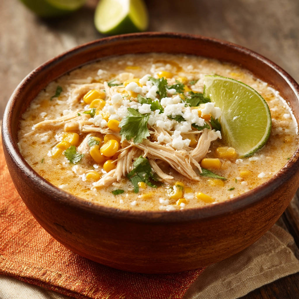 Creamy chicken & corn soup garnished with crumbled cheese, cilantro, and lime in a wooden bowl.