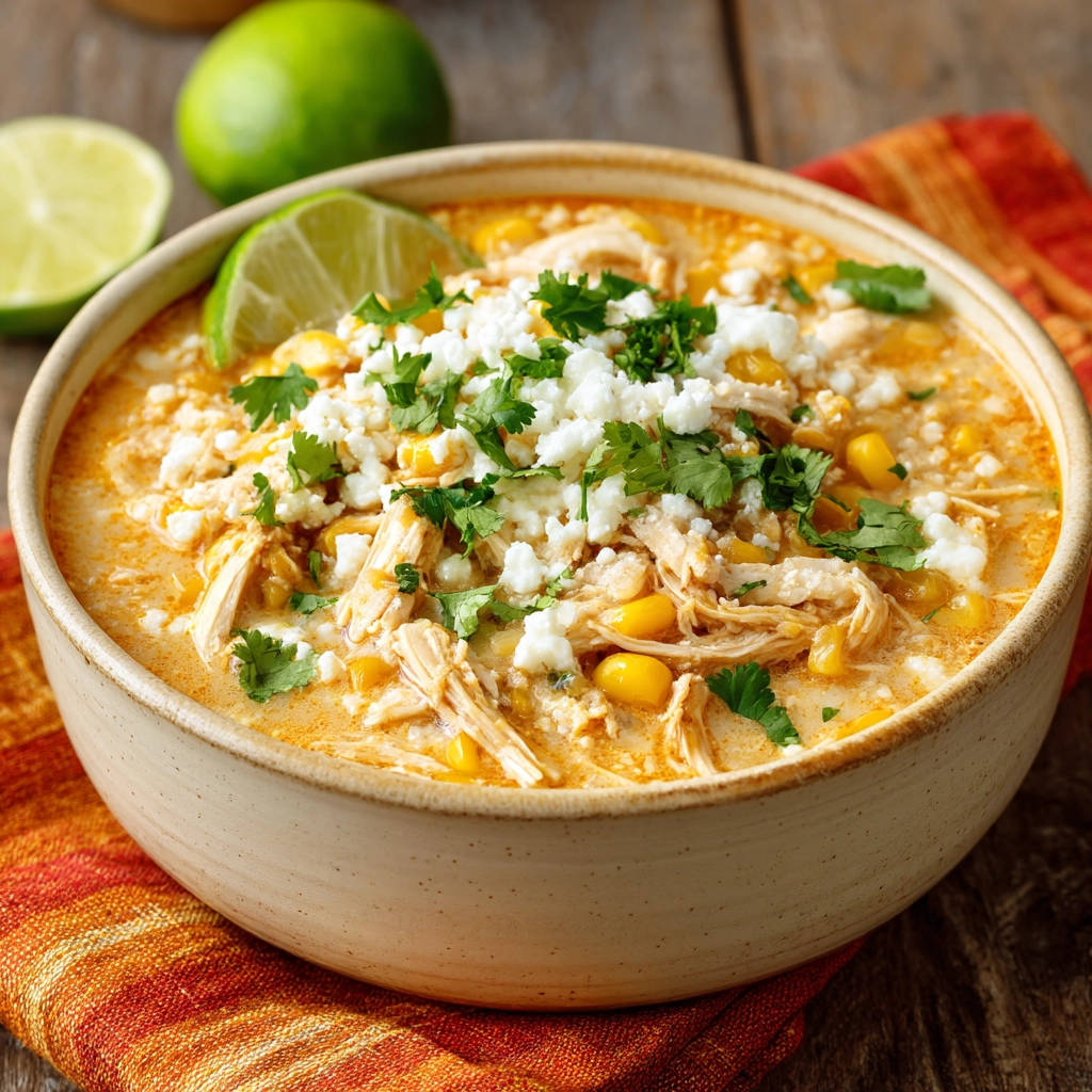 Creamy chicken and corn soup in a bowl, garnished with crumbled cheese and cilantro, with lime wedges.