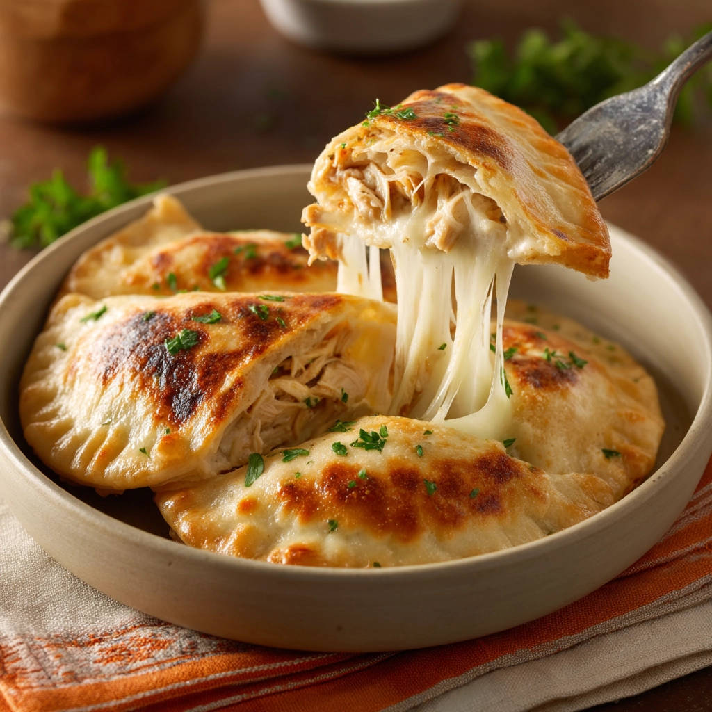 Creamy chicken empanadas, with a fork lifting one to reveal a decadent, cheesy pull.